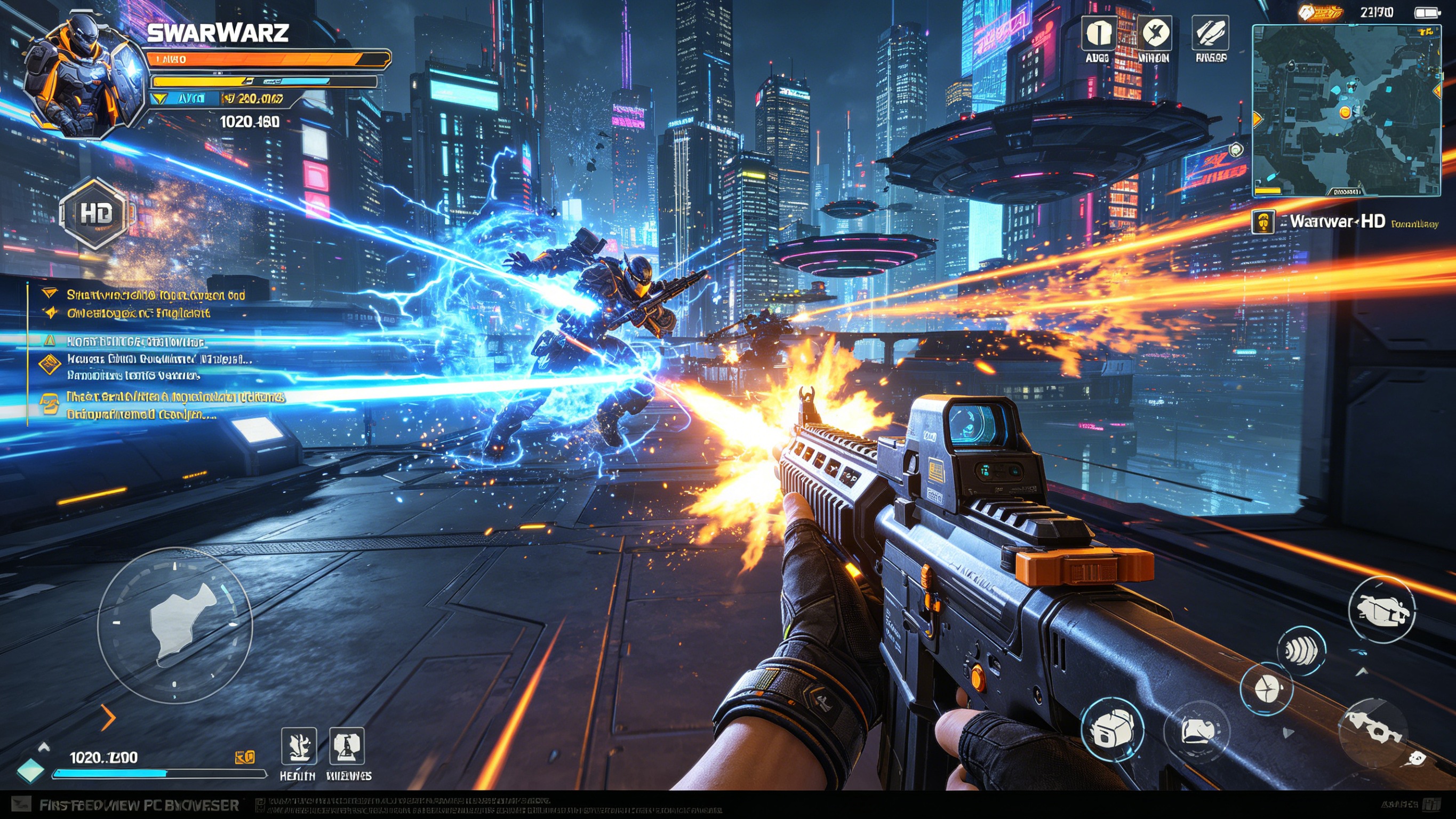 SkillWarz online battle wallpaper, gaming setup with RGB lights, cyberpunk arena, curved monitor