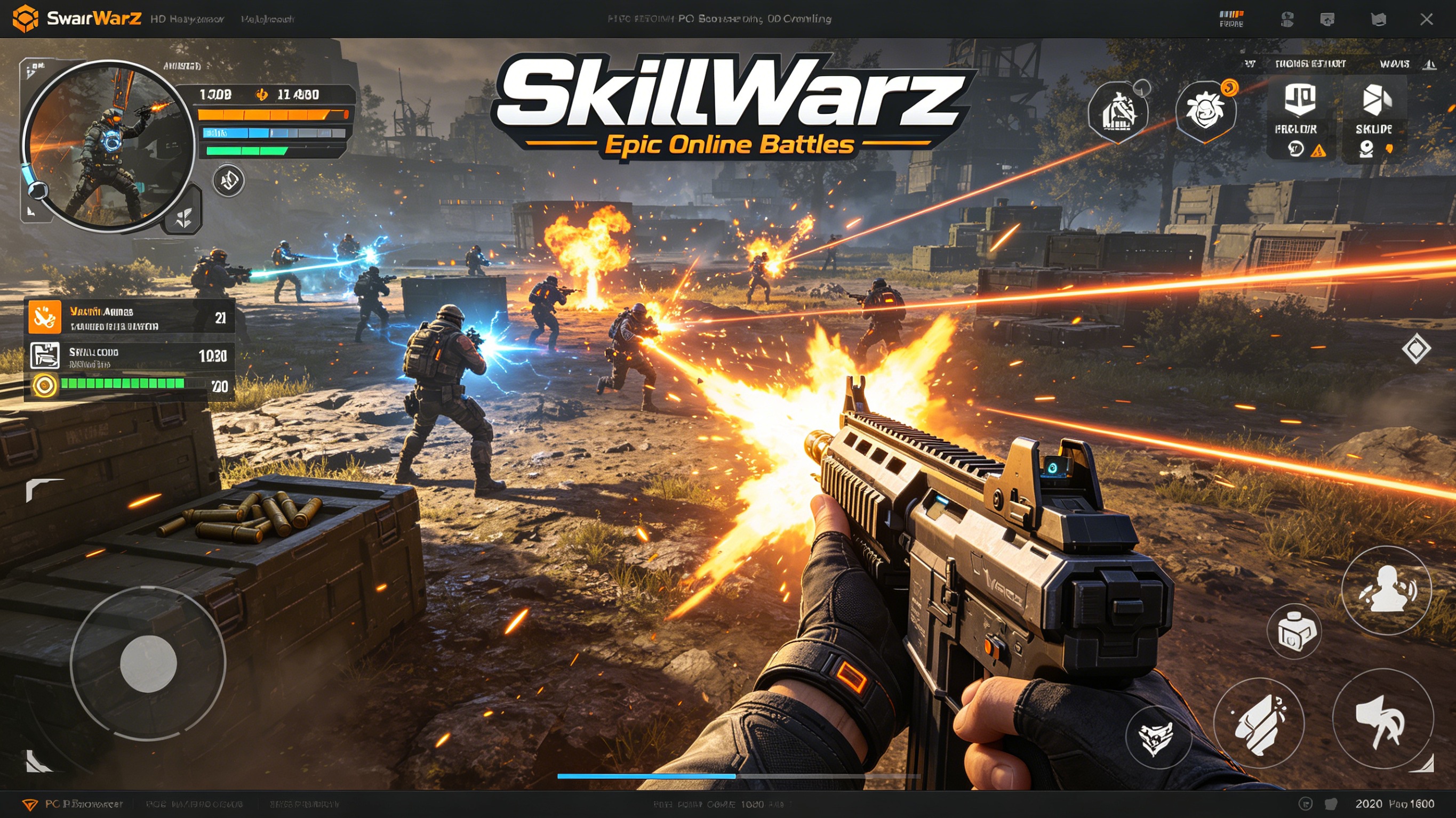 SkillWarz futuristic city wallpaper, night battle scene, laser beams, military combat, FPS game