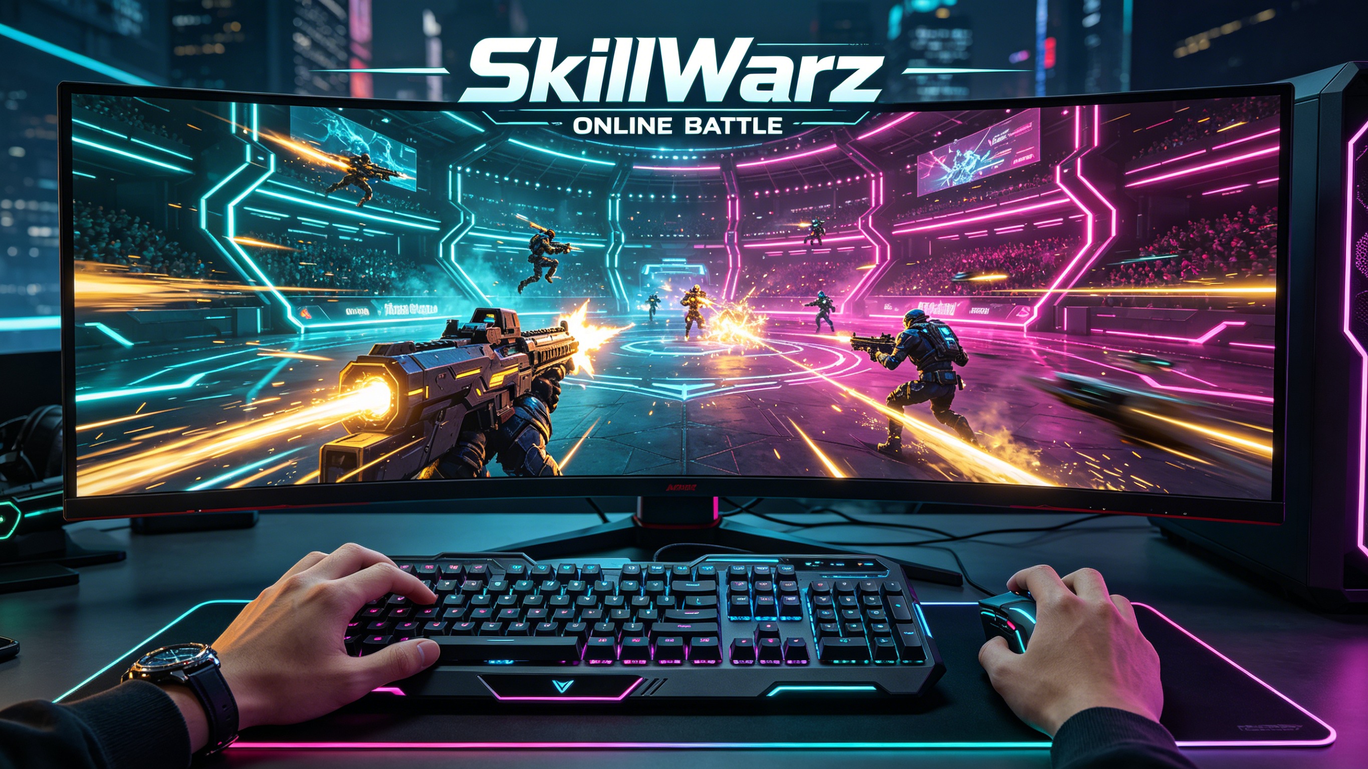 SkillWarz gaming wallpaper, PC setup with keyboard and mouse, game screen showing battle scene