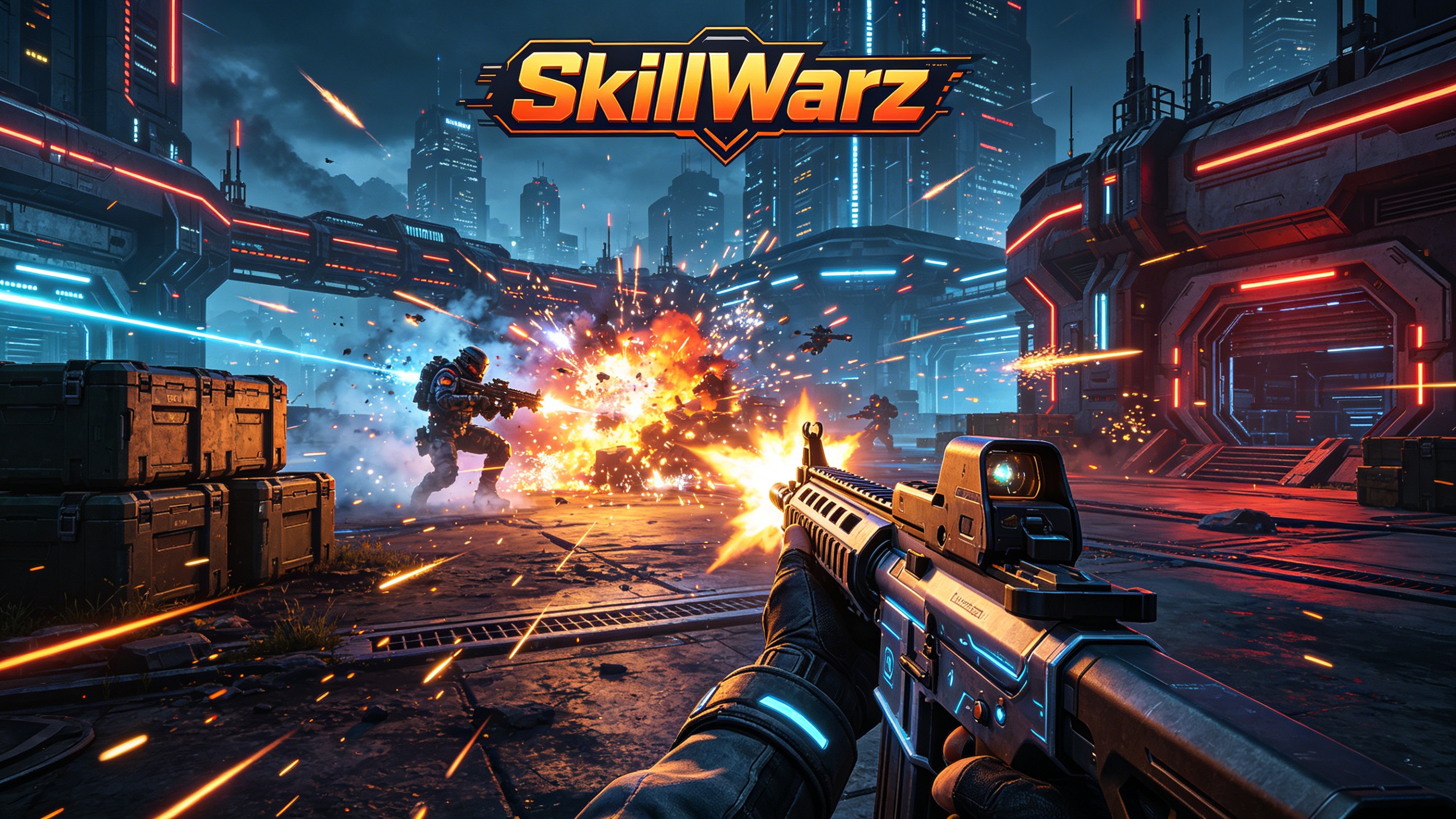 SkillWarz desert warfare wallpaper, military combat, sandstorm, tactical soldiers, FPS game background