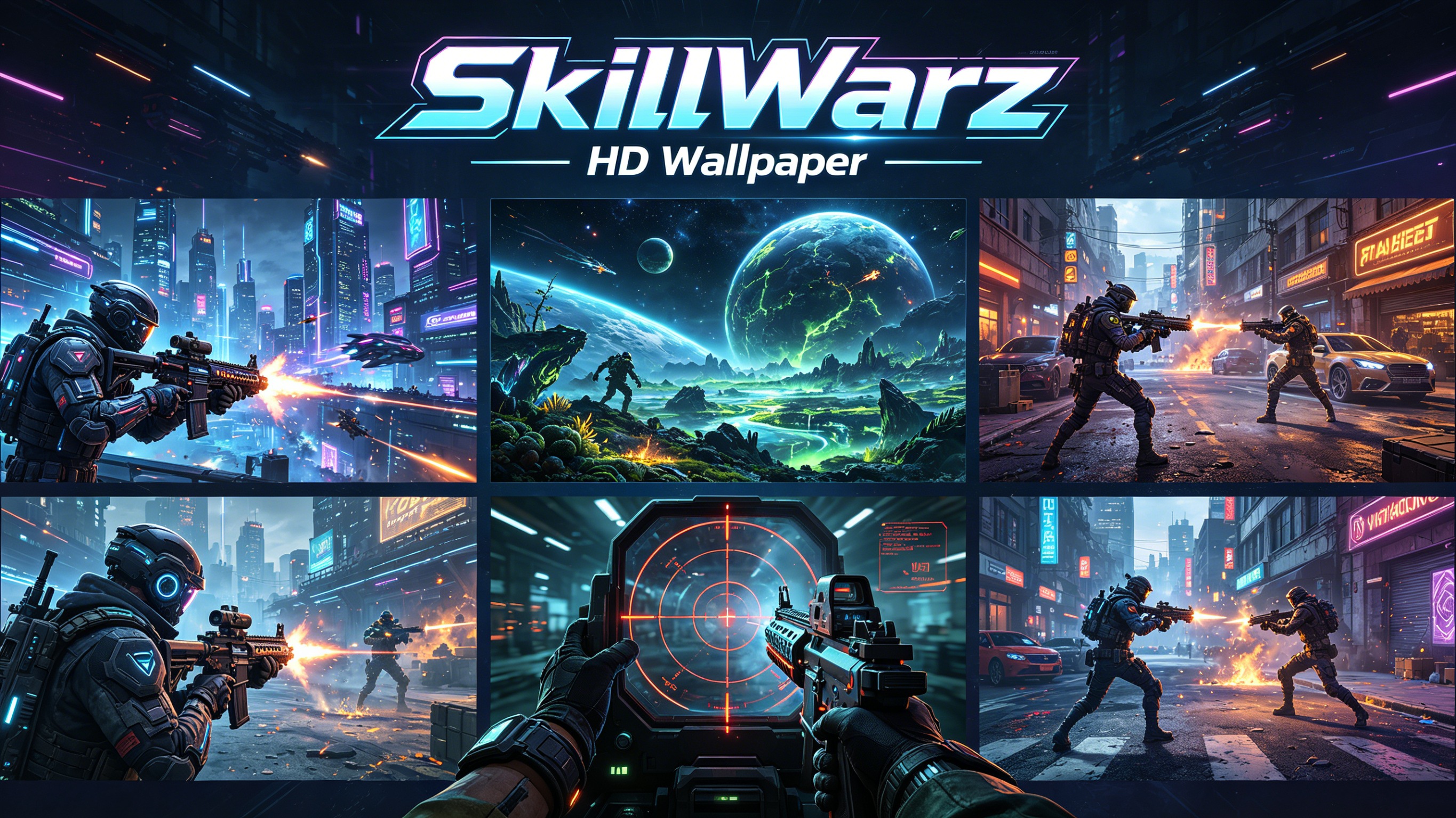 SkillWarz mobile edition wallpaper, futuristic city night, mech soldier, laser beams, flying vehicles
